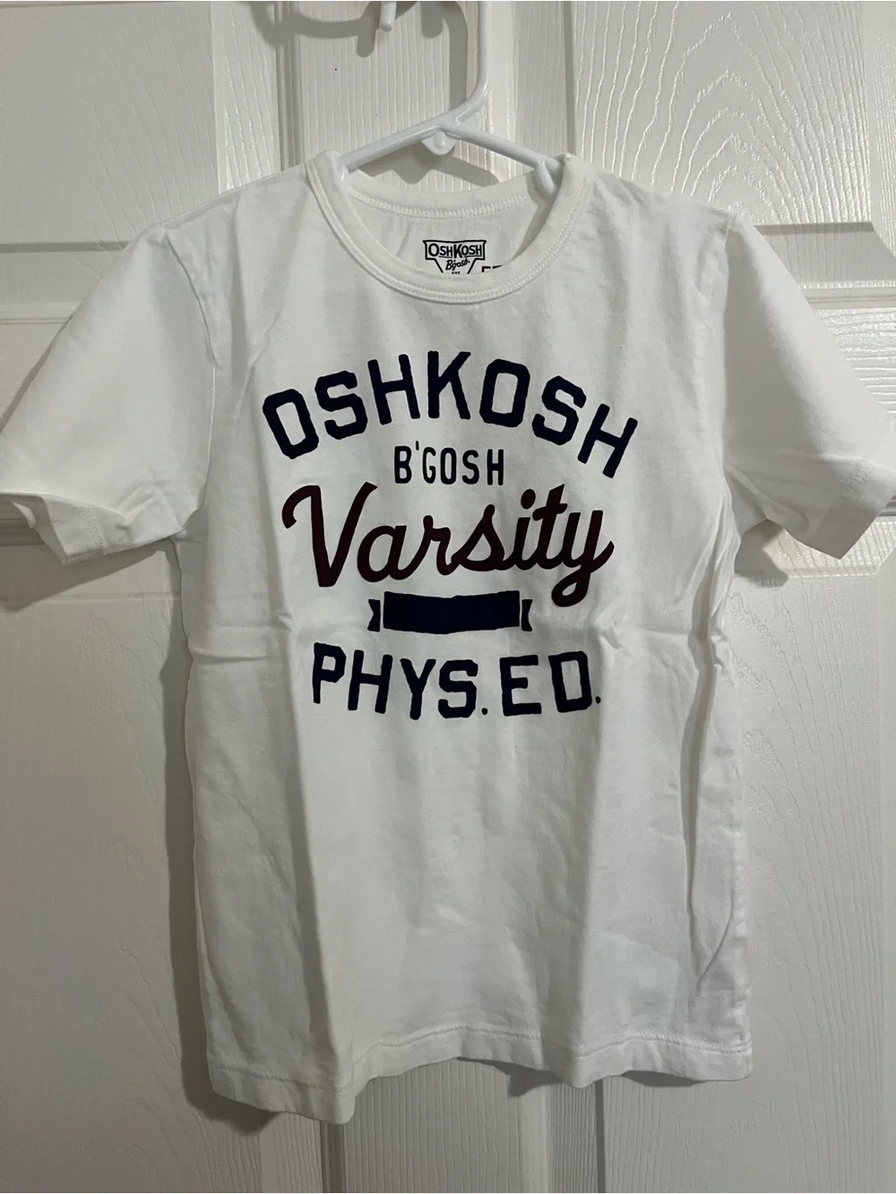 OshKosh B'gosh White Varsity Graphic Tee with Navy and Burgundy Text NWOT